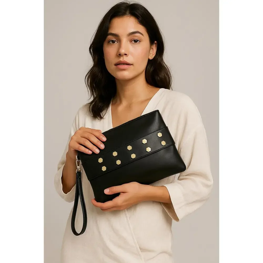 Get Up, Grab It and Go Oversized Studded Wristlet Clutch